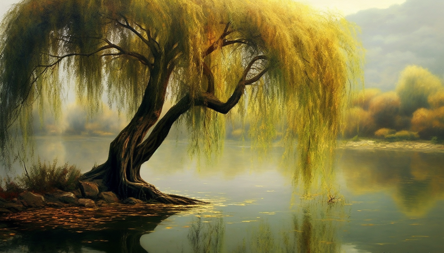 A graceful willow tree leaning over a tranquil pond.