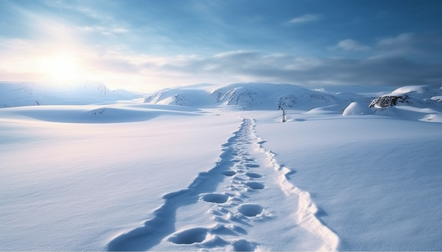 Footprints leading the way through a pristine snowfield.