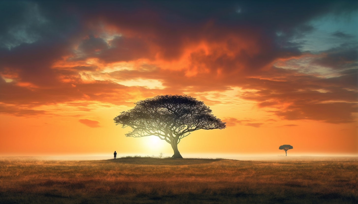 A solitary tree standing tall on the horizon as the sun sets.