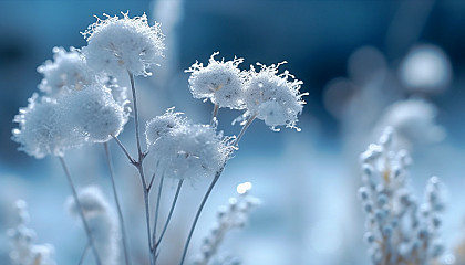 A cluster of delicate frost flowers forming on a cold surface.