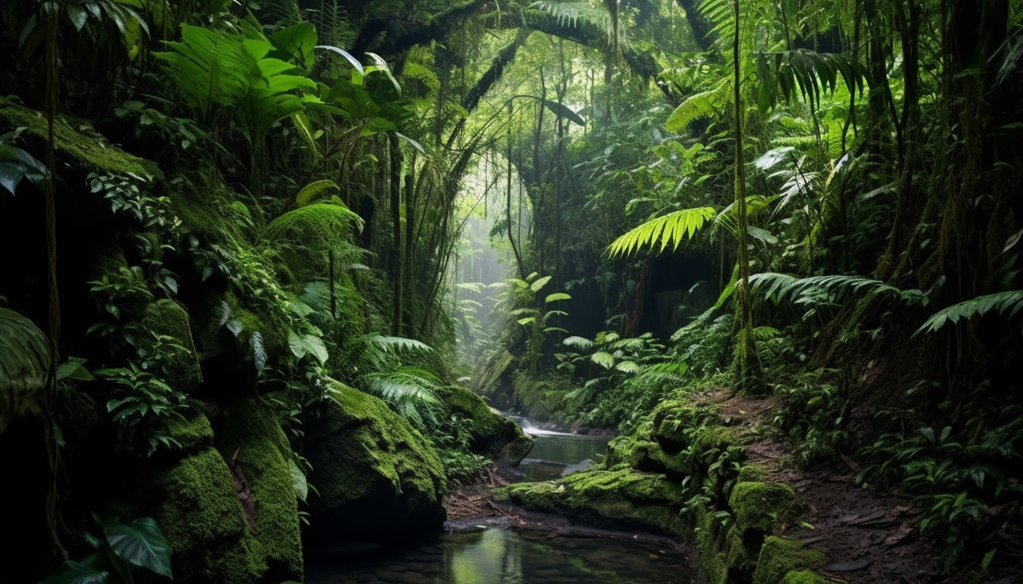 Lush fern grottos in a tropical rainforest.