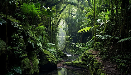 Lush fern grottos in a tropical rainforest.