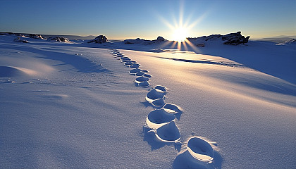 Footprints leading through untouched snow.