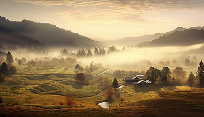 Thick morning fog nestled in a quiet valley.