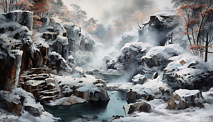 Mist rising from a hot spring nestled among snow-covered rocks.