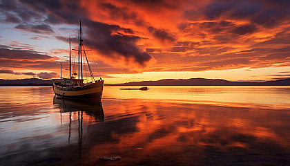 A fiery sunset mirrored on a calm sea.