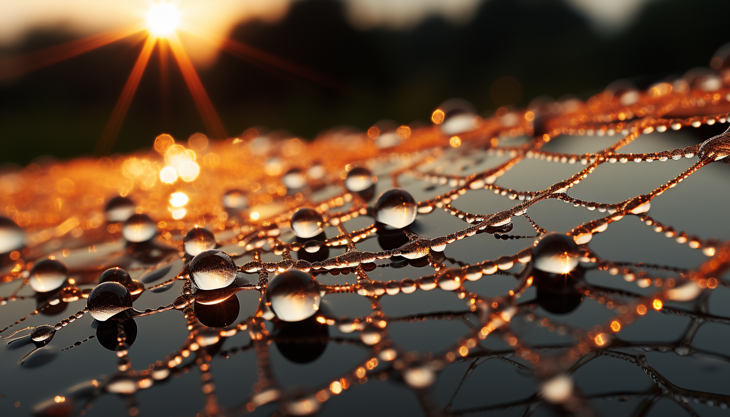 A close-up of dewdrops on a spider's web, reflecting the morning sun.