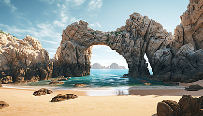 An arch of rocks standing majestic on a sandy beach.