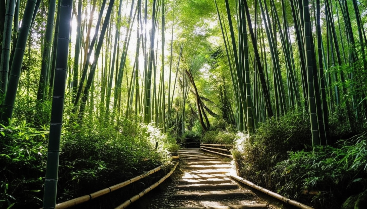 A path winding through tall bamboo groves.