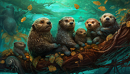 A family of sea otters frolicking in a kelp forest.