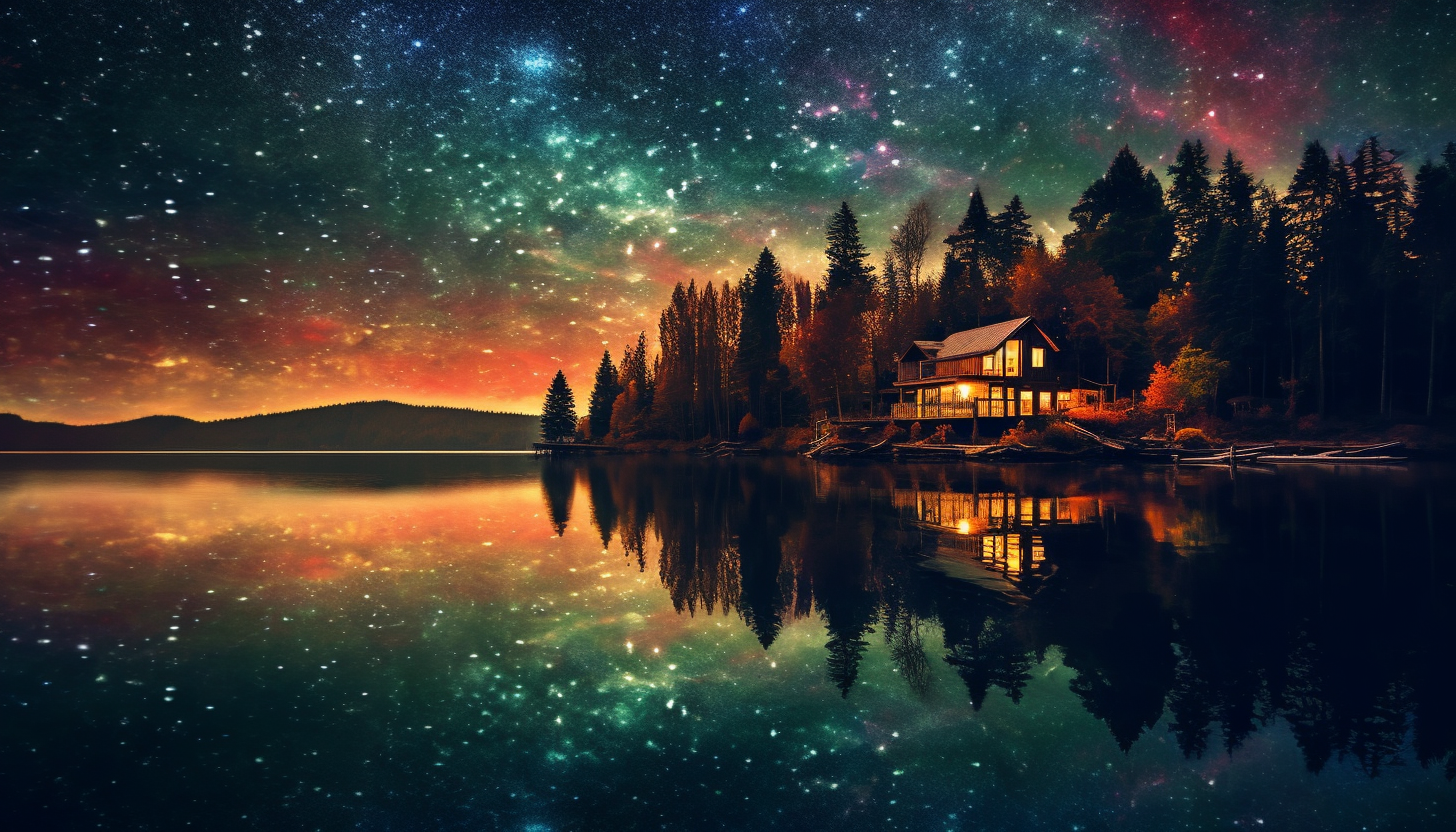 The sparkling night sky mirrored in a tranquil, secluded lake.