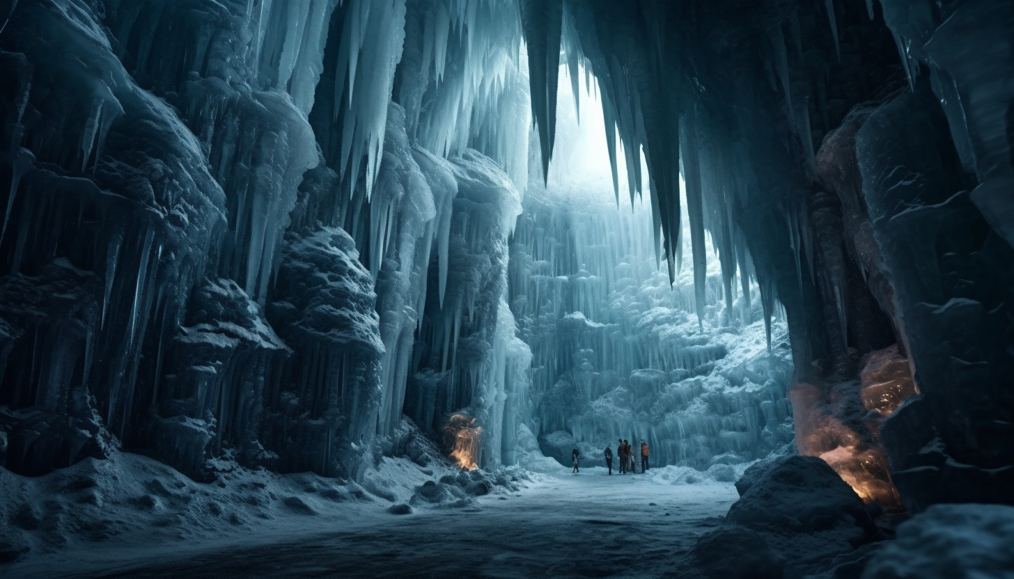 Icy stalactites hanging from the mouth of a frigid cave.