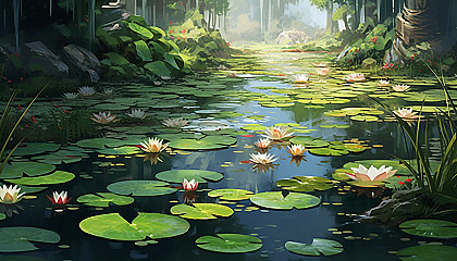 A tranquil pond filled with blooming water lilies and floating leaves.