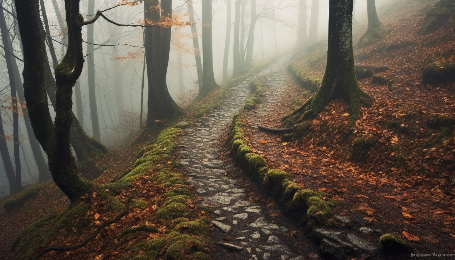 A winding path disappearing into a forest shrouded in fog.