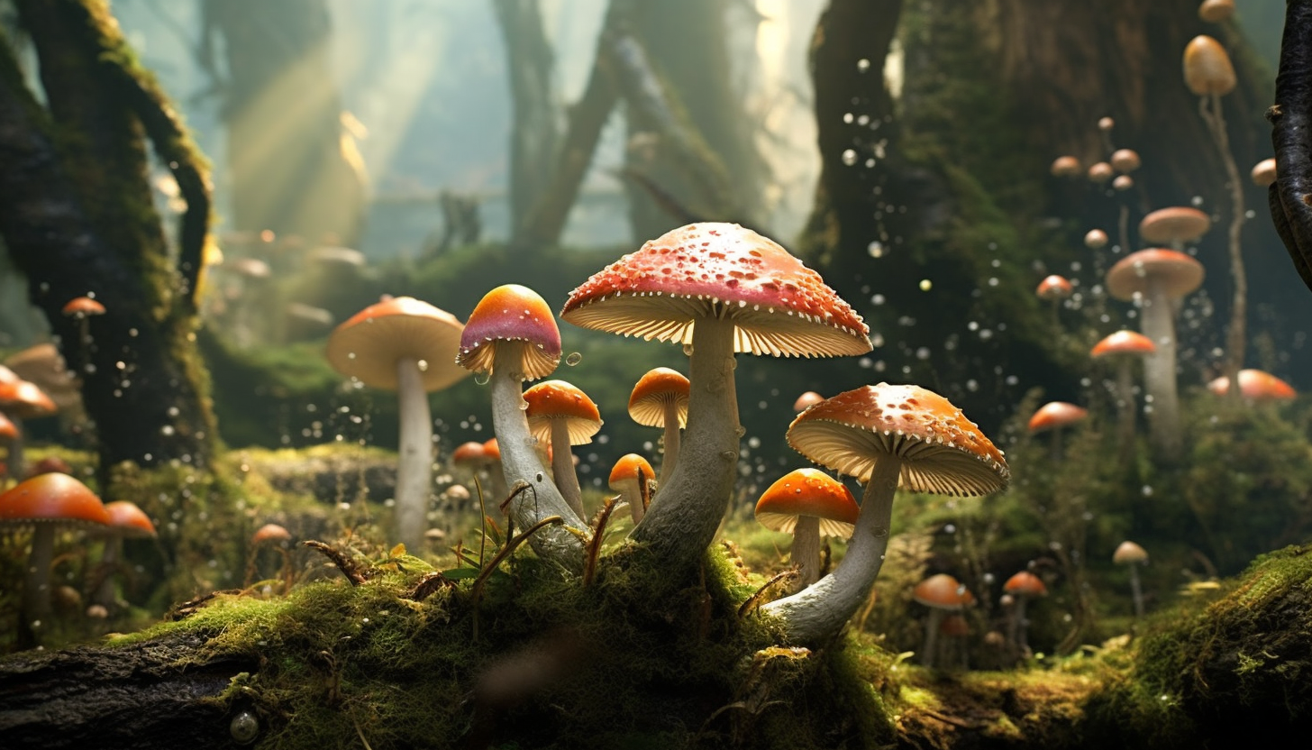 Whimsical mushroom clusters sprouting in a mossy forest floor.