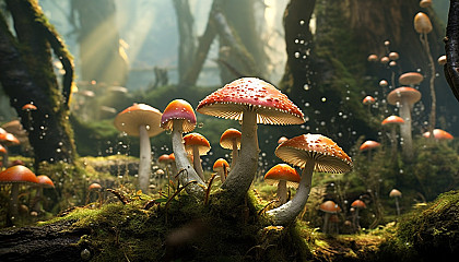 Whimsical mushroom clusters sprouting in a mossy forest floor.