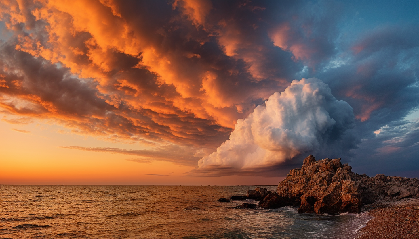 Dramatic cloud formations at sunset over a tranquil sea.