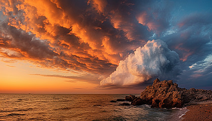 Dramatic cloud formations at sunset over a tranquil sea.