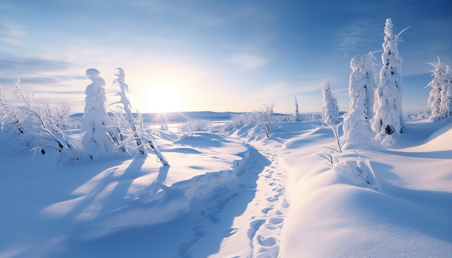 A pristine snowscape, untouched and serene under the winter sun.