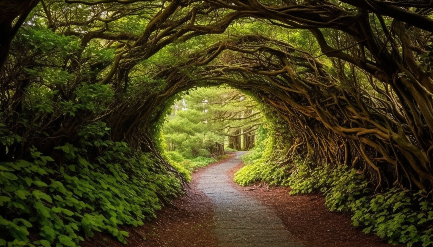 A path leading into a tunnel made from intertwining trees.