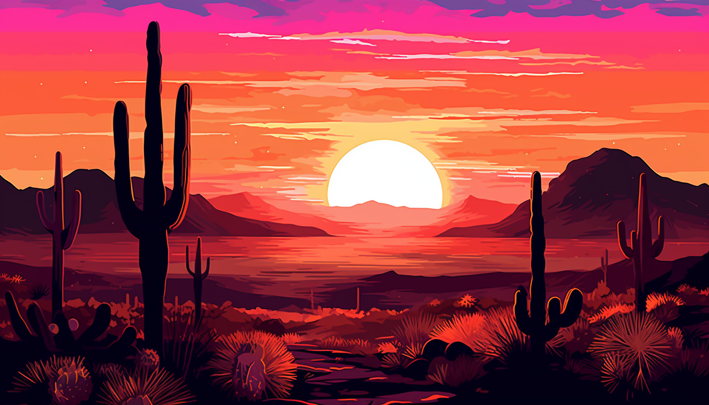 Silhouettes of cacti against a colorful desert sunset.