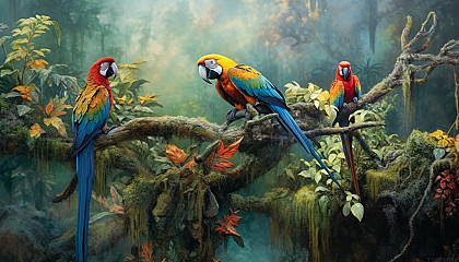 A family of colorful macaws perched on a jungle branch.