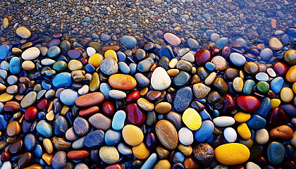 Vibrant, multi-colored pebbles on a riverbank.