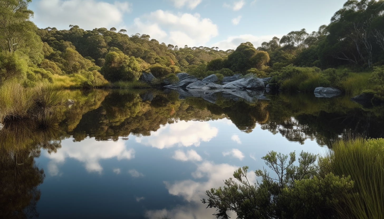 Tranquil lakes reflecting the surrounding landscapes like a mirror.