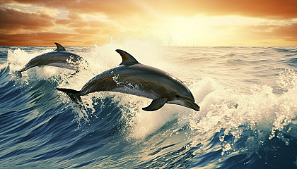 A family of dolphins leaping in unison across ocean waves.