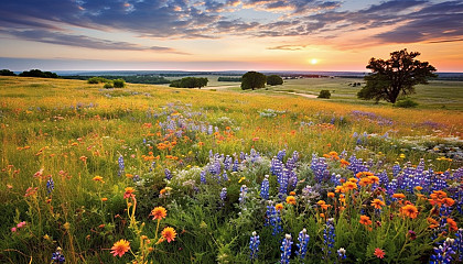 Patches of vibrant wildflowers in a prairie landscape.