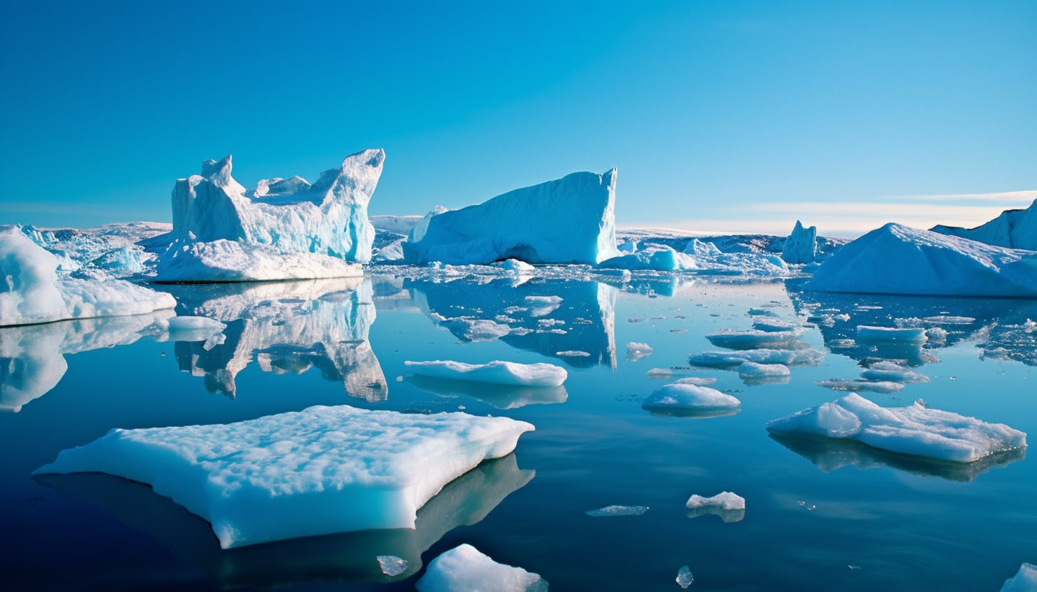 Icebergs floating in the frigid waters of a polar sea.