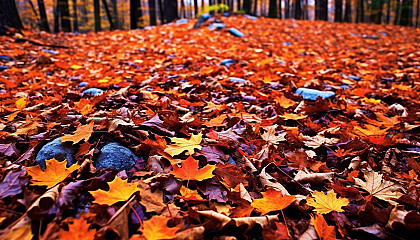 Brilliantly colored autumn leaves blanketing a forest floor.