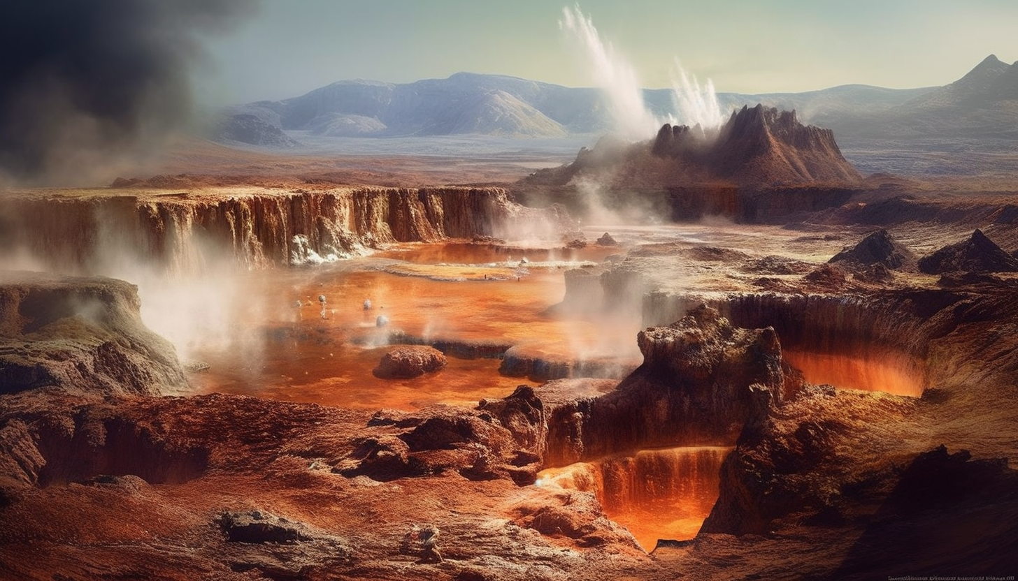 Geysers erupting amidst rugged terrain.