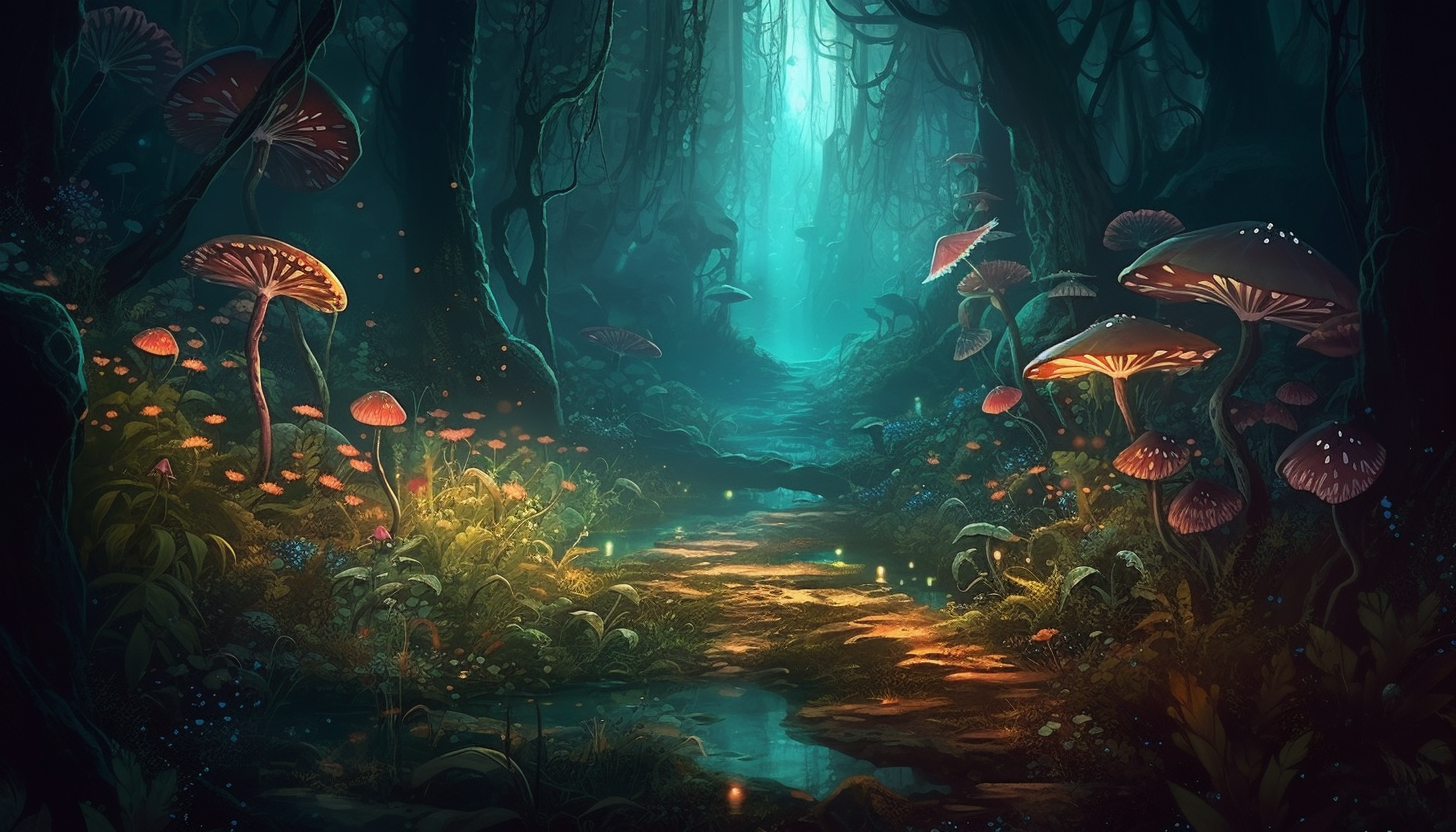 Mystical woods with glowing plants and whimsical flora.