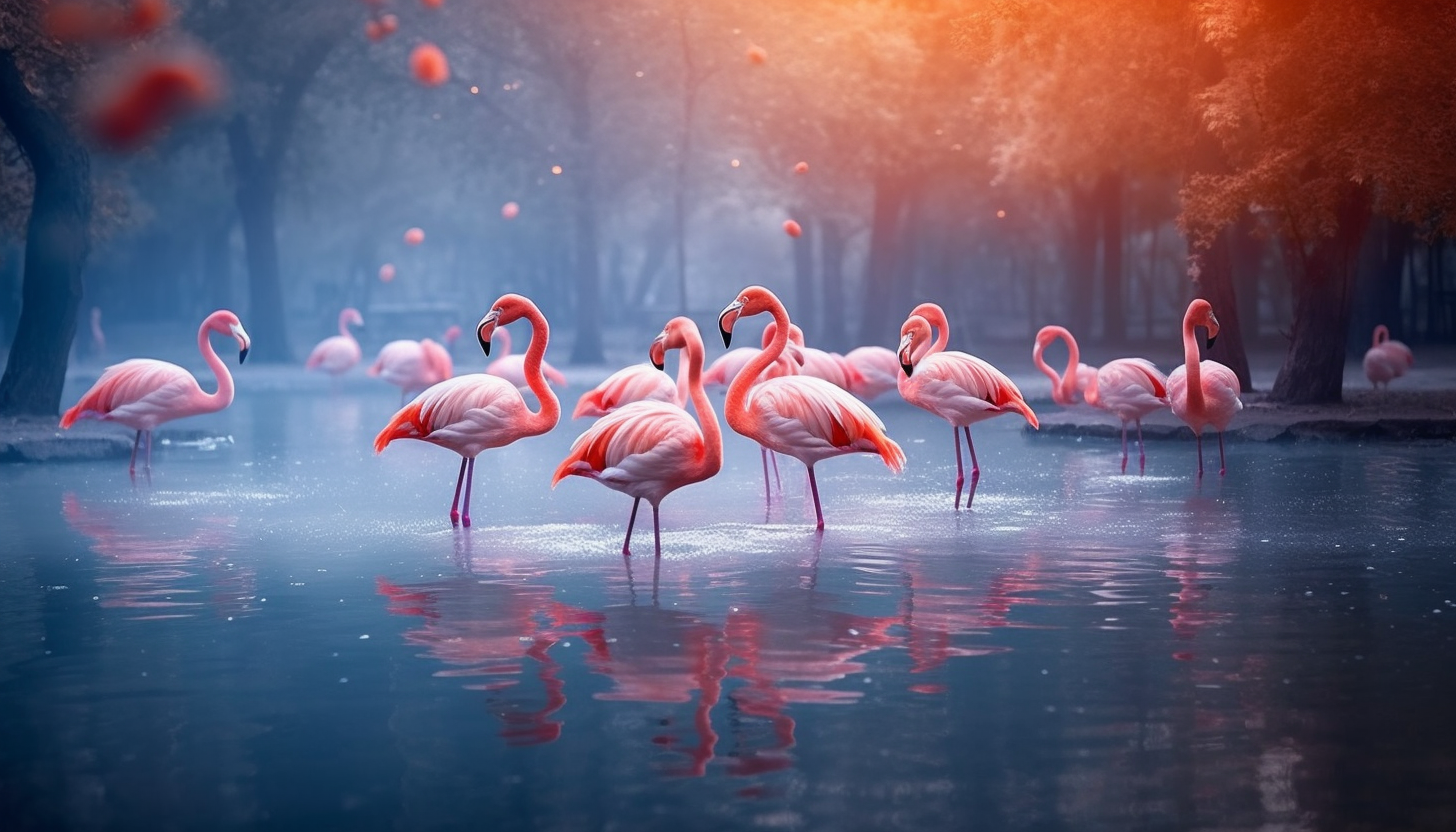 A vibrant flock of flamingos beside a tranquil lake.