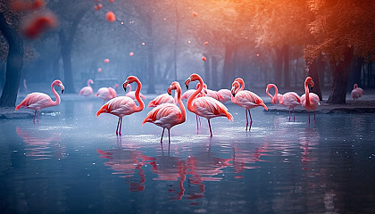 A vibrant flock of flamingos beside a tranquil lake.