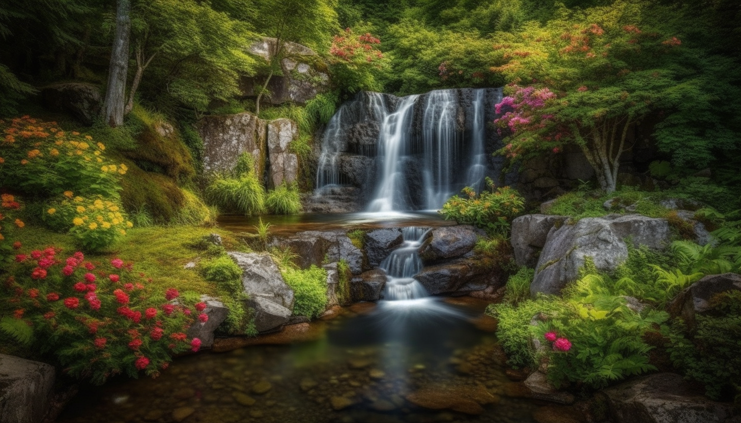 Serene waterfalls surrounded by lush greenery and colorful flowers.