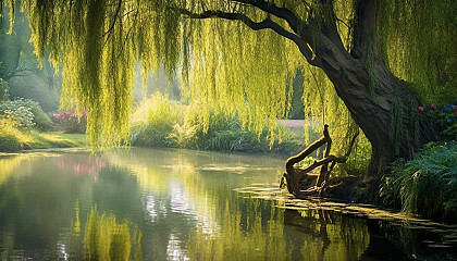A tranquil pond reflecting a weeping willow in full bloom.