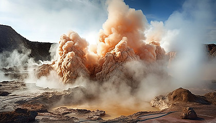 Spectacular fumaroles venting steam in a geothermal field.