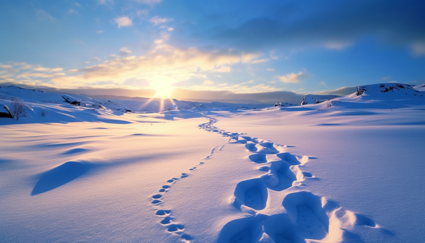 Footprints leading the way through a pristine snowfield.