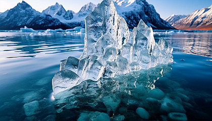 A jagged ice formation on a crystal clear lake.