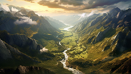 A dramatic view of a valley from a mountain pass.