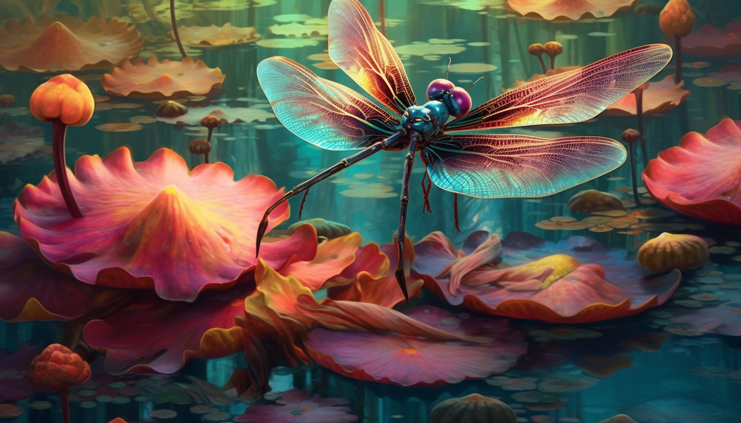 A pair of colorful dragonflies resting on a lily pad.