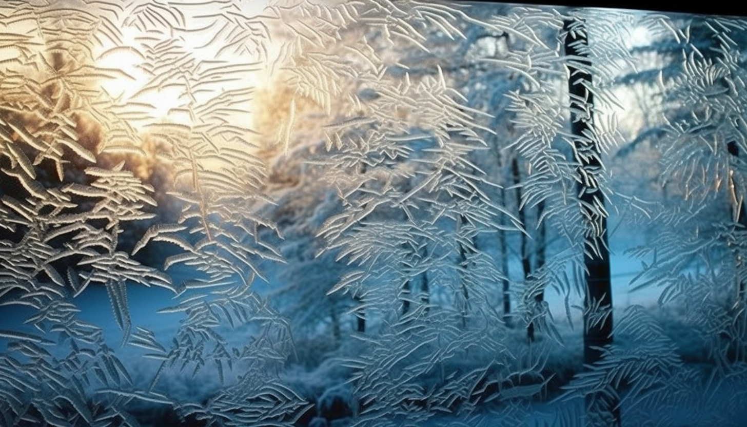 Frost patterns delicately tracing over a window on a cold winter morning.