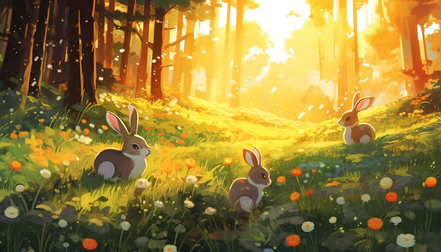 A sun-dappled meadow filled with frolicking rabbits.