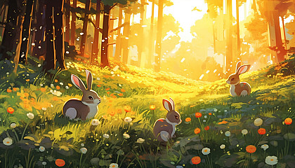 A sun-dappled meadow filled with frolicking rabbits.