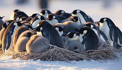 A colony of penguins huddling together against the Antarctic cold.