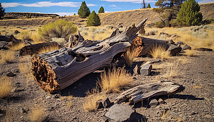 Petrified wood scattered in a stark, ancient forest.
