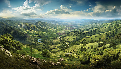 A panoramic view from a mountaintop, overlooking vast valleys and ranges.