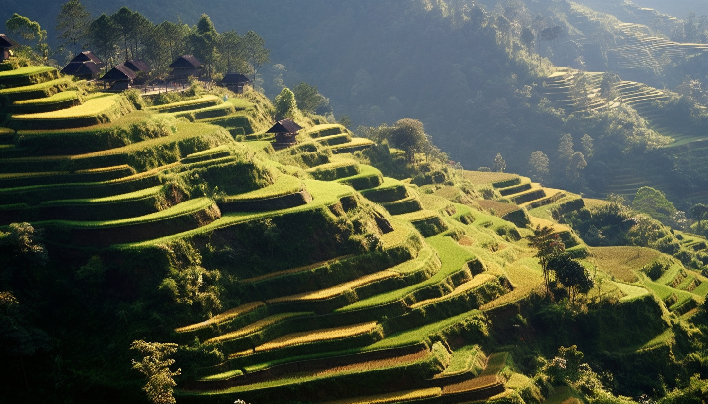 A series of terraced, rice paddies climbing a mountain slope.